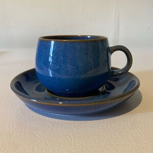 Ceramic 'Rams Head' brown rim cup and saucer by Denby Pottery
